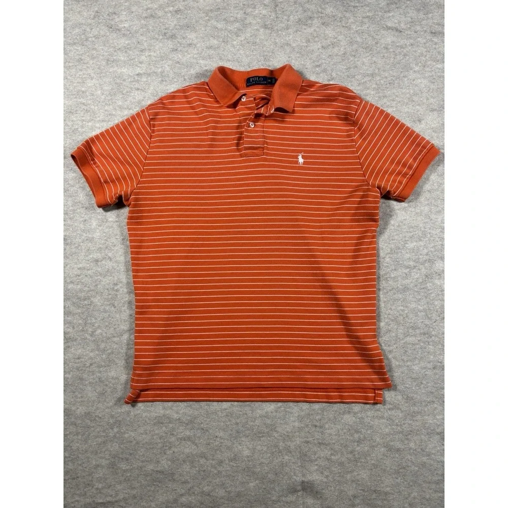 Polo Ralph Lauren Men's Medium Classic Fit Orange Striped Mesh Polo Shirt